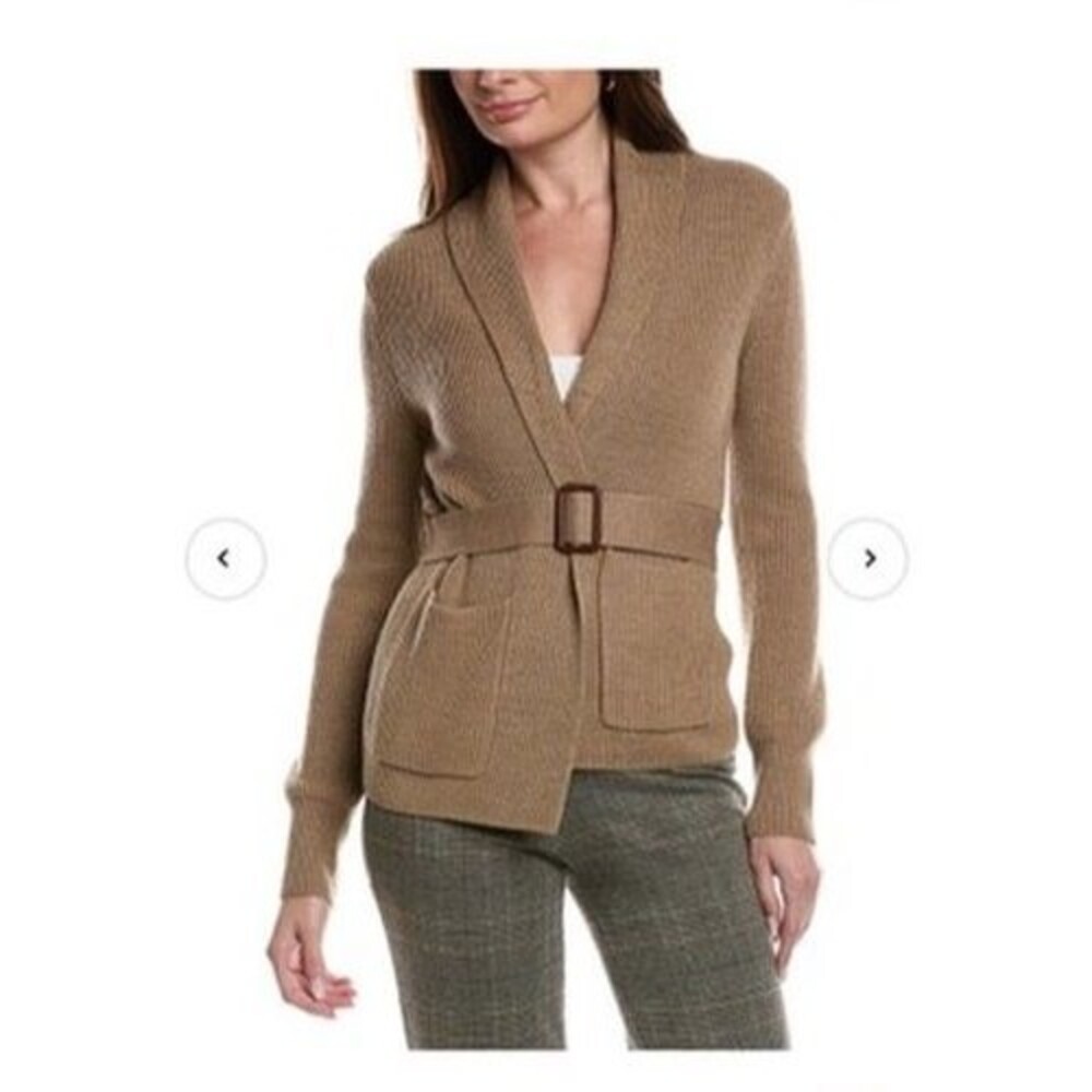 Bruno Magli Merino Wool Ribbed Belted Shawl Cardigan Women's M TAN